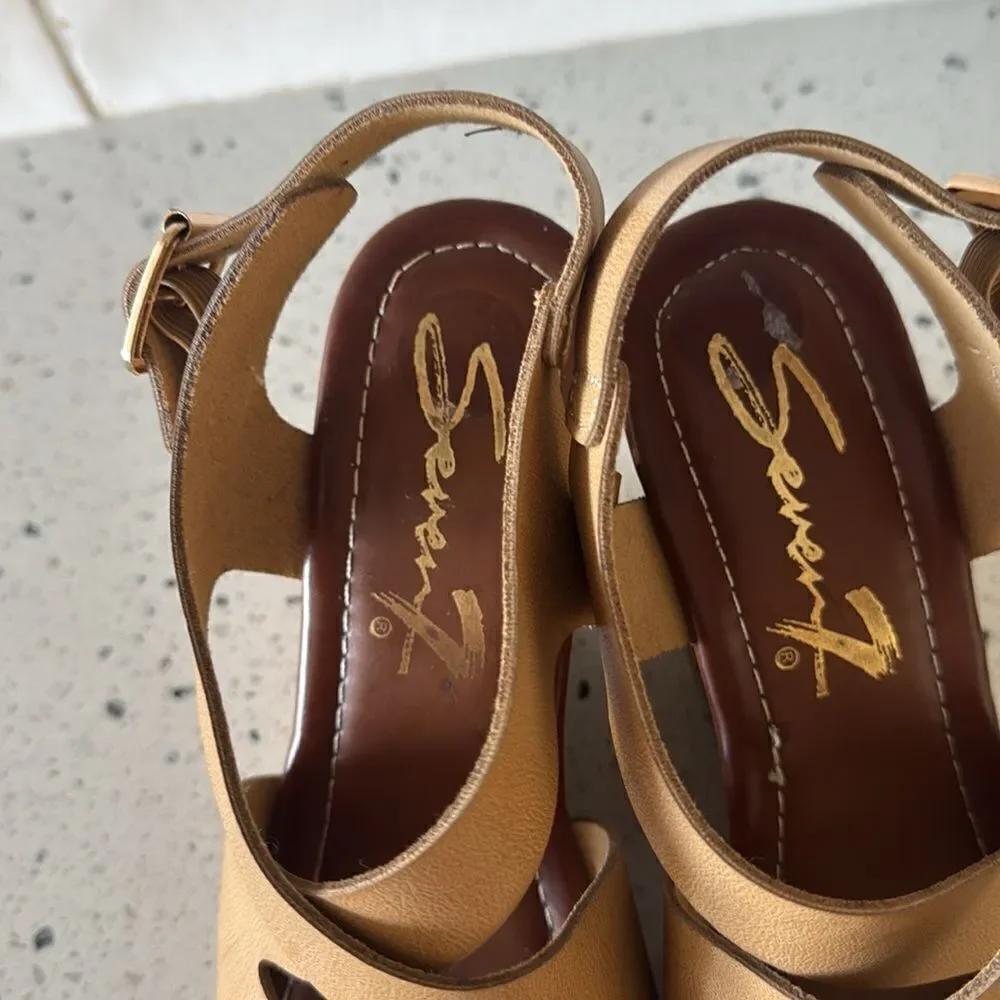 Seven7 Winnie Wedge Cork Natural Tan Vegan Leather Heeled Sandals Shoes size 9